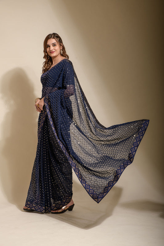 Jyoti Fashion Women's Navy Blue Sequence Embroidery Georgette Saree with Blouse