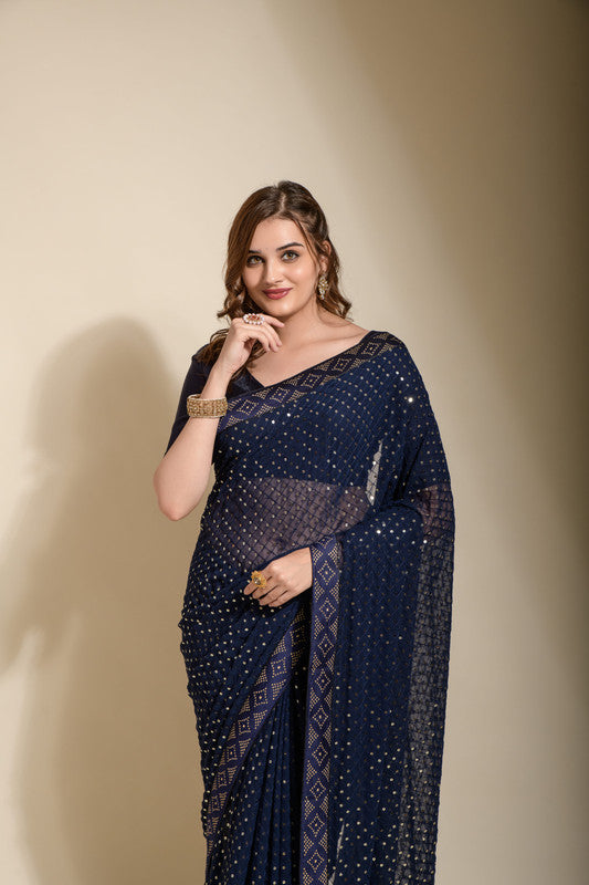 Jyoti Fashion Women's Navy Blue Sequence Embroidery Georgette Saree with Blouse