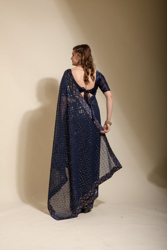 Jyoti Fashion Women's Navy Blue Sequence Embroidery Georgette Saree with Blouse