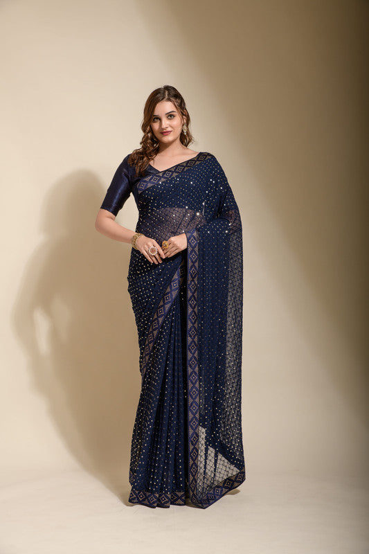 Jyoti Fashion Women's Navy Blue Sequence Embroidery Georgette Saree with Blouse