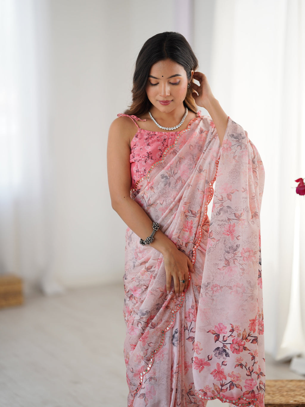 Jyoti Fashion Women's Pink Chinon Digital Printed Designer Saree with Blouse