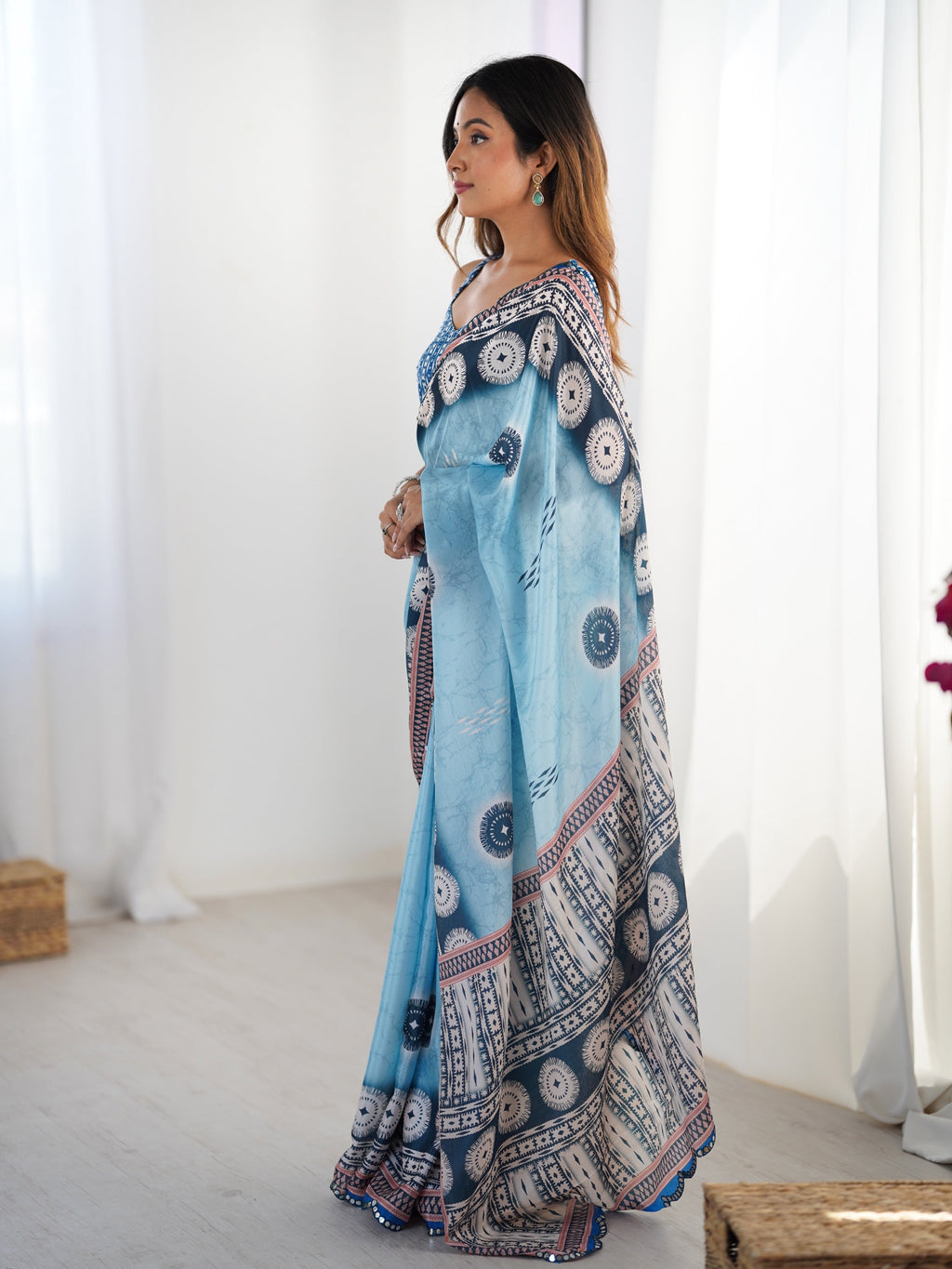 Jyoti Fashion Women's Sky Blue Chinon Digital Printed Designer Saree with Blouse