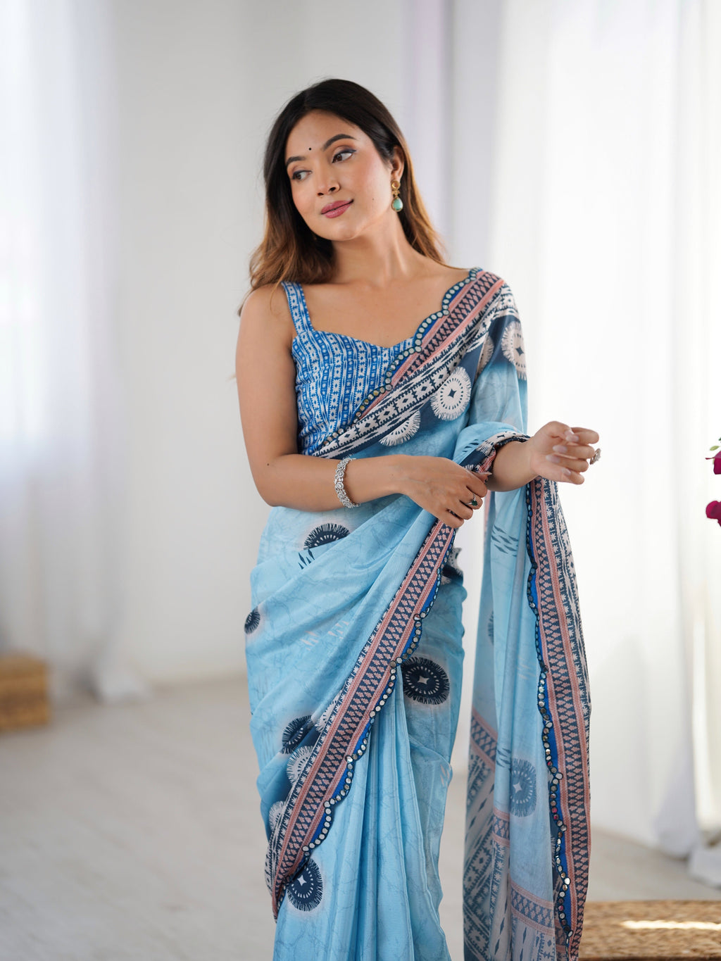 Jyoti Fashion Women's Sky Blue Chinon Digital Printed Designer Saree with Blouse