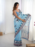Jyoti Fashion Women's Sky Blue Chinon Digital Printed Designer Saree with Blouse