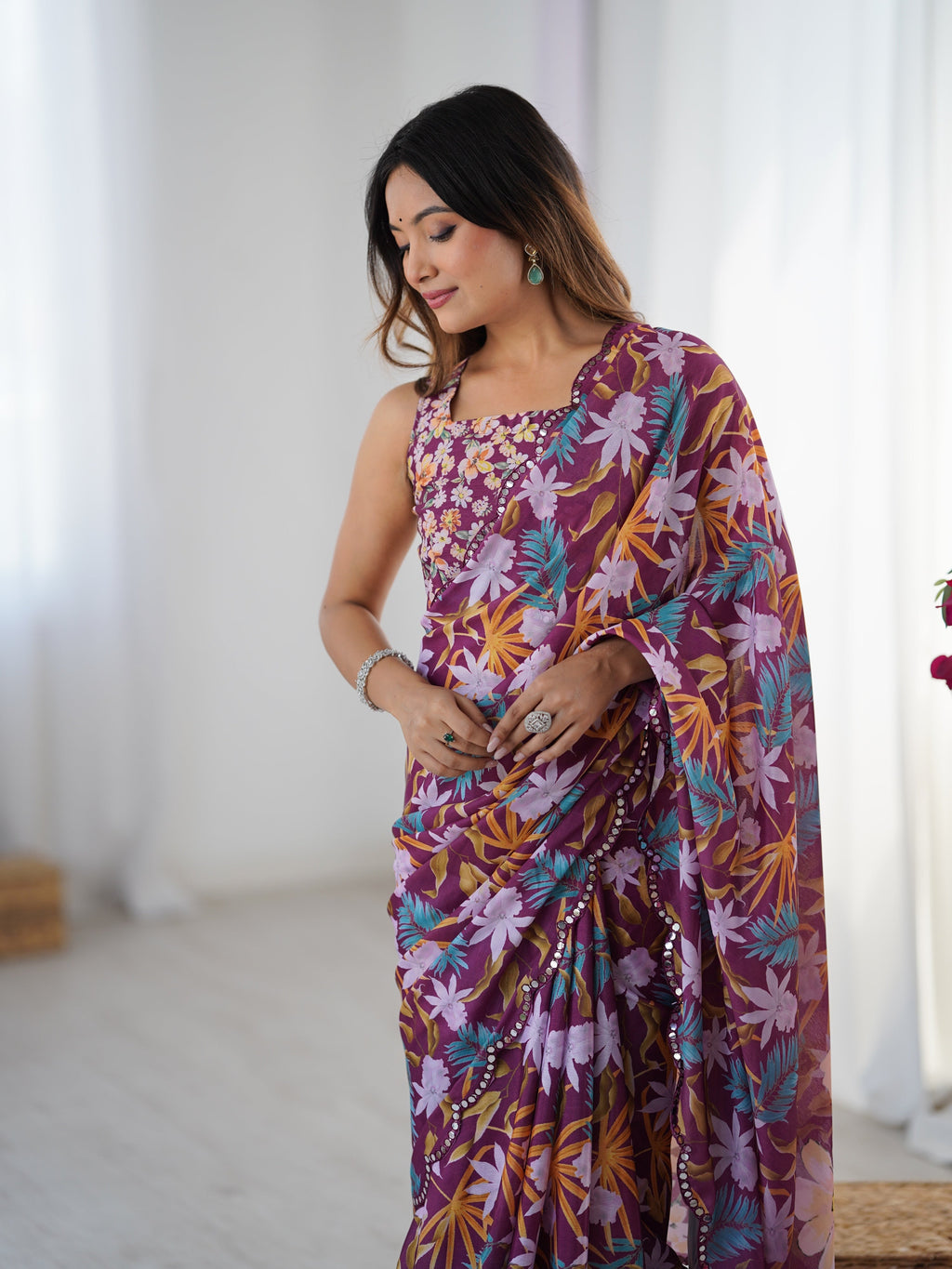 Jyoti Fashion Women's Multicolor Chinon Digital Printed Designer Saree with Blouse