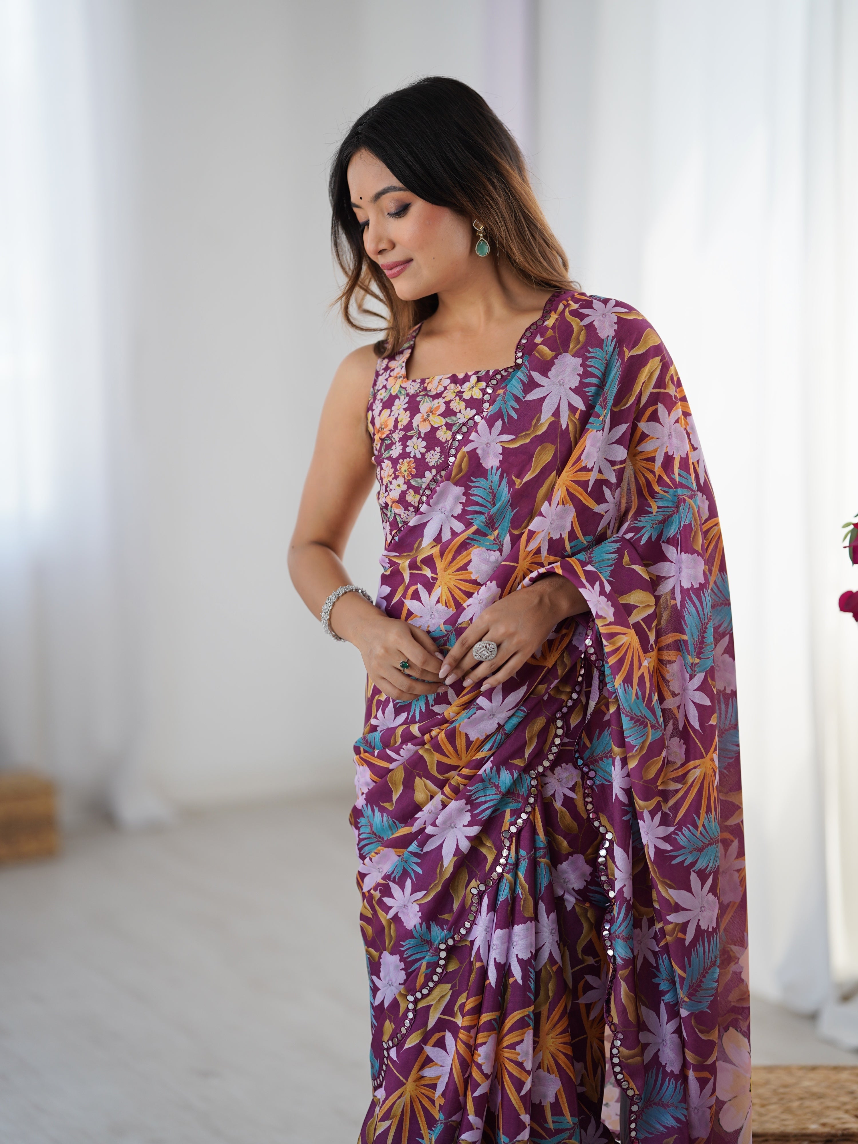 Jyoti Fashion Women's Multicolor Chinon Digital Printed Designer Saree with Blouse
