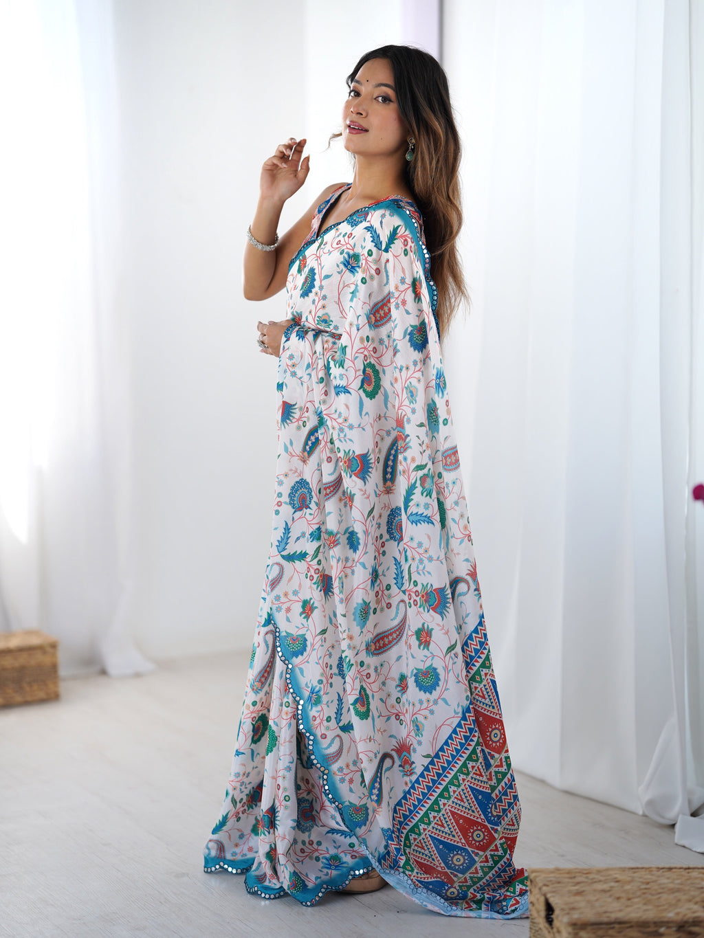 Jyoti Fashion Women's Multicolor Chinon Digital Printed Designer Saree with Blouse