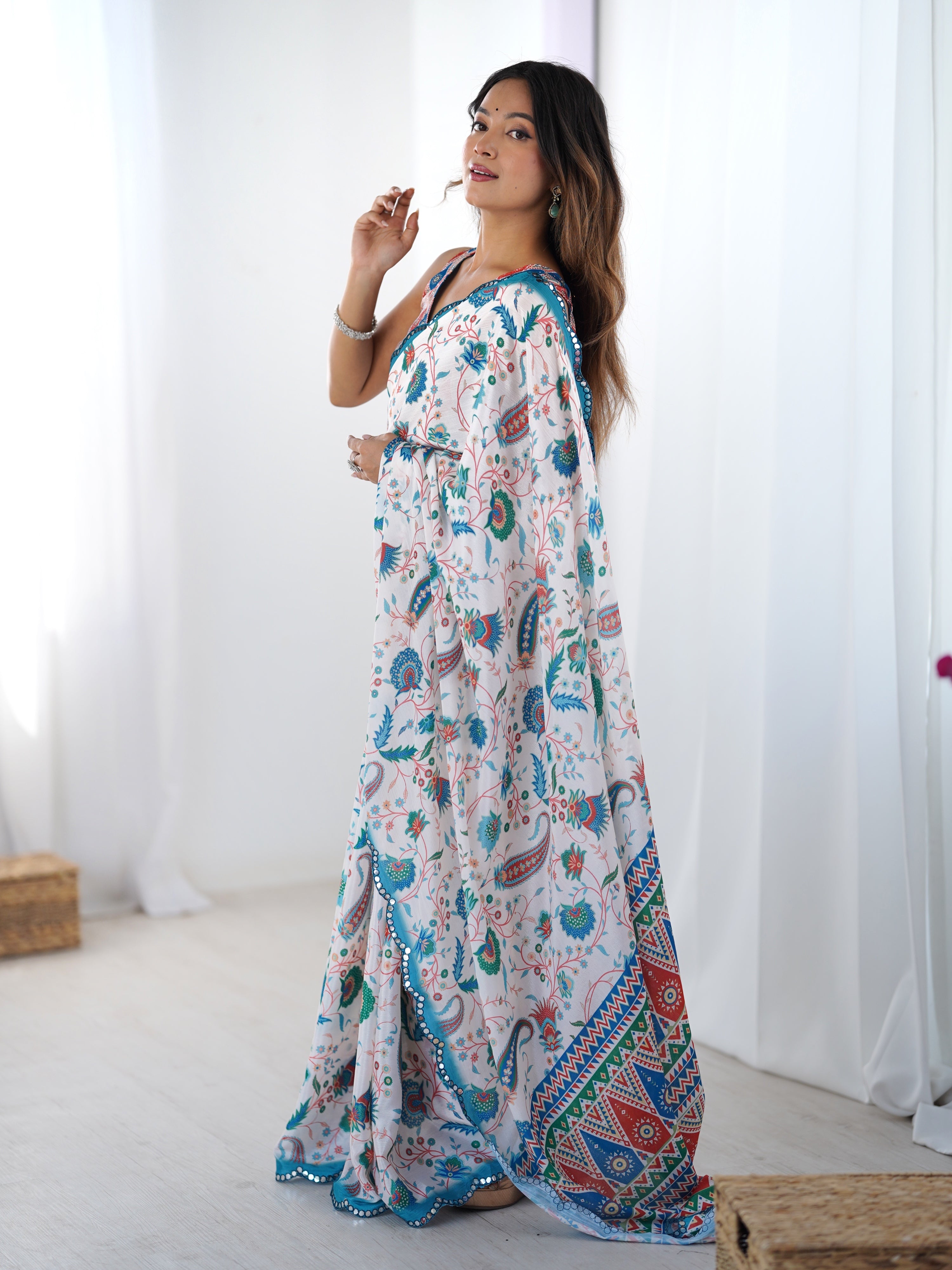Jyoti Fashion Women's Multicolor Chinon Digital Printed Designer Saree with Blouse