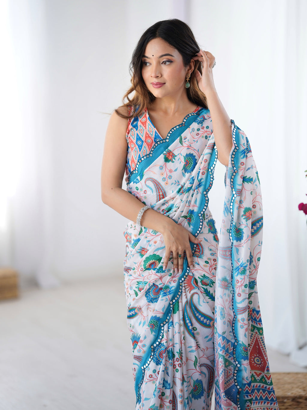Jyoti Fashion Women's Multicolor Chinon Digital Printed Designer Saree with Blouse