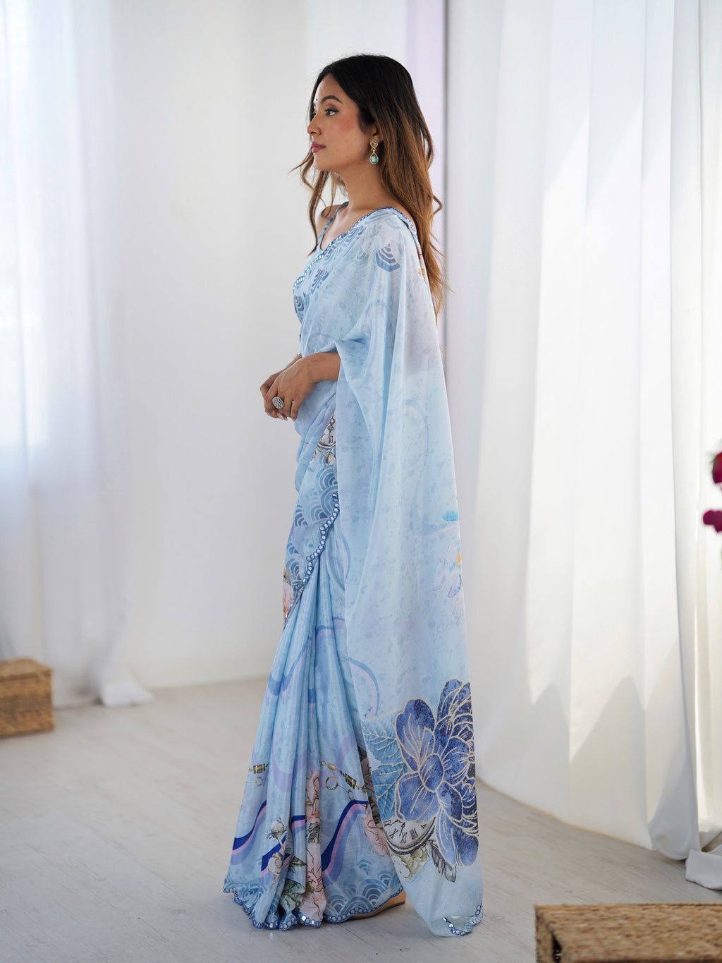 Jyoti Fashion Women's Sky Blue Chinon Digital Printed Designer Saree with Blouse