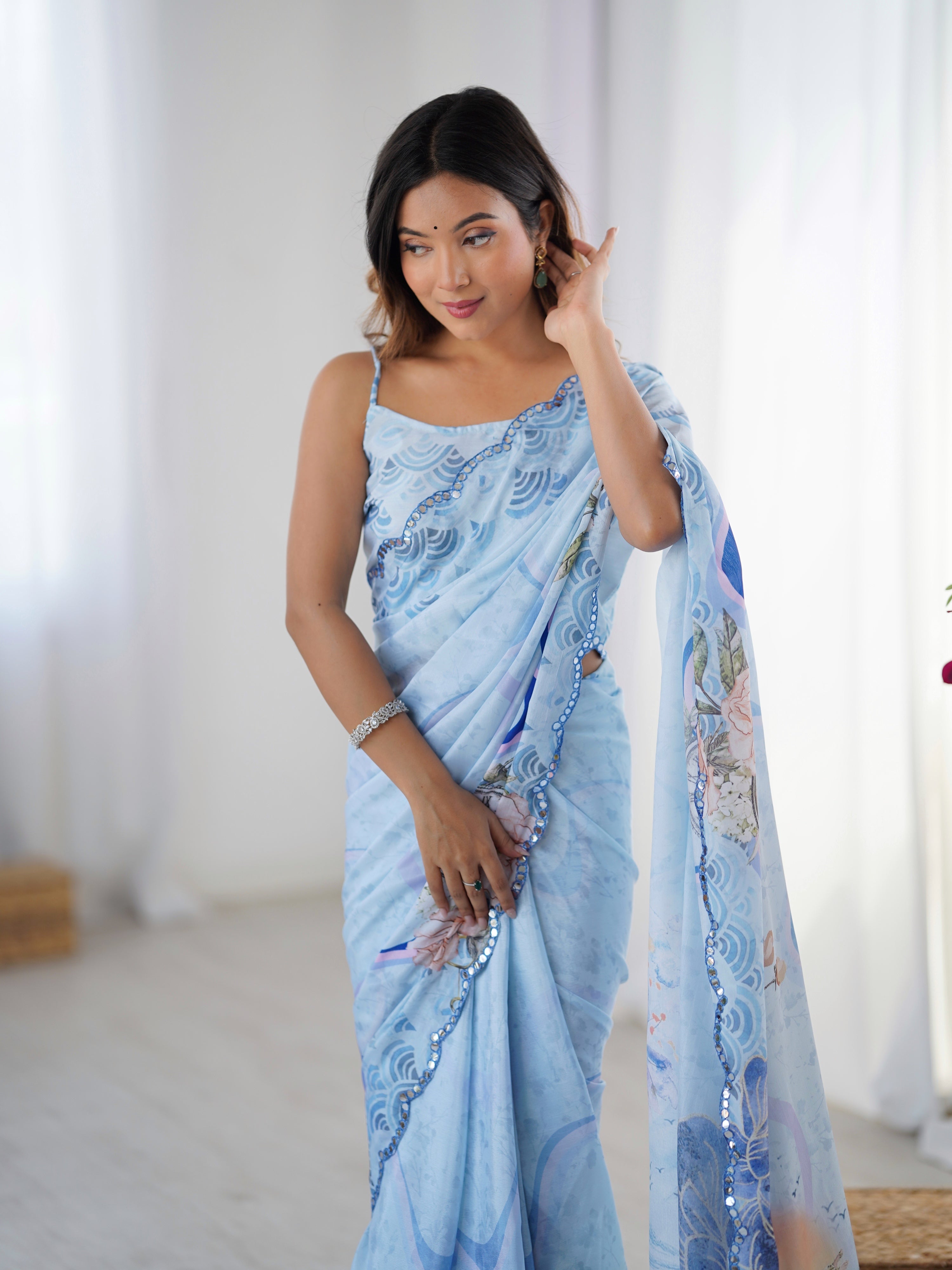 Jyoti Fashion Women's Sky Blue Chinon Digital Printed Designer Saree with Blouse