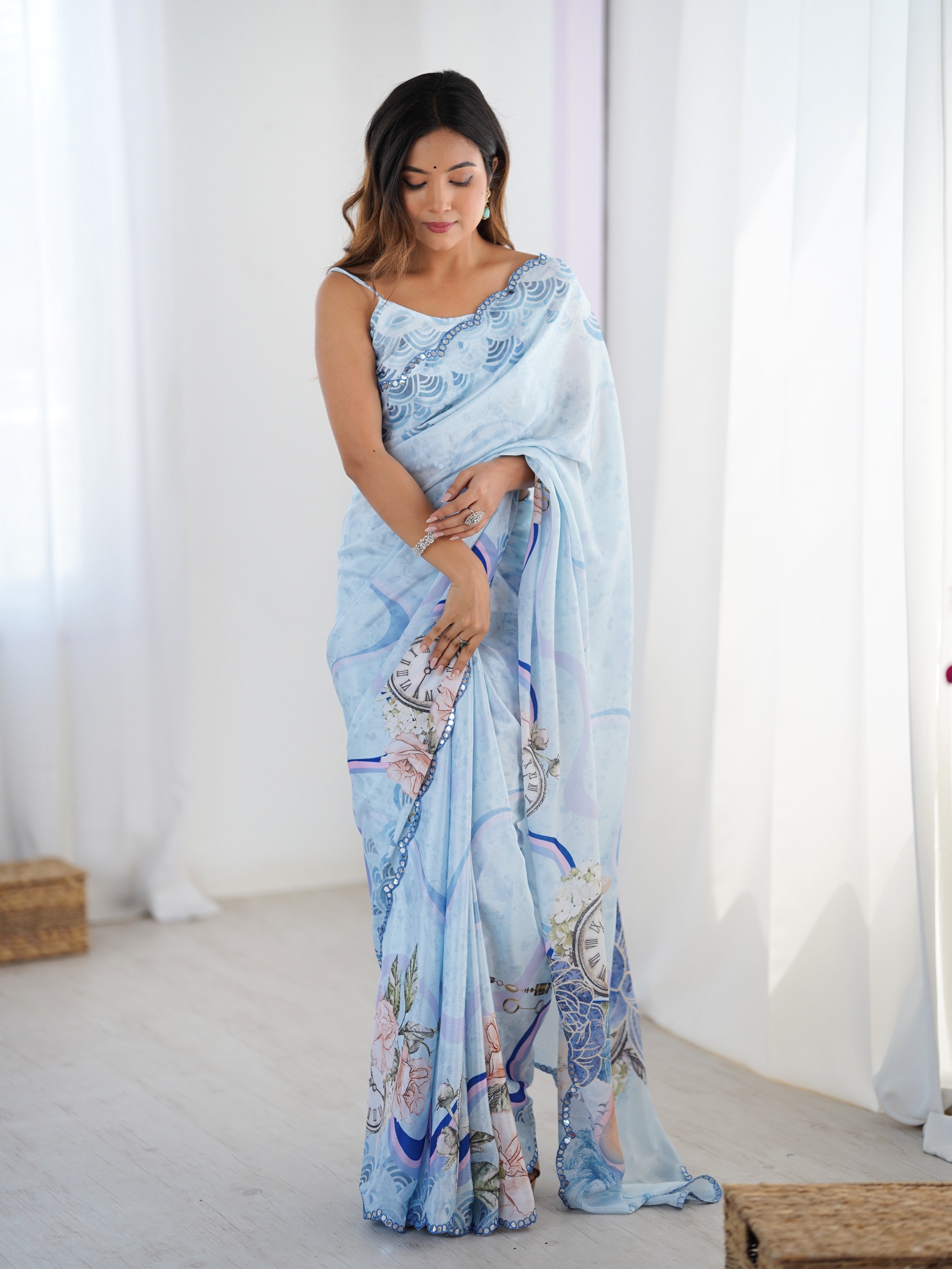 Jyoti Fashion Women's Sky Blue Chinon Digital Printed Designer Saree with Blouse