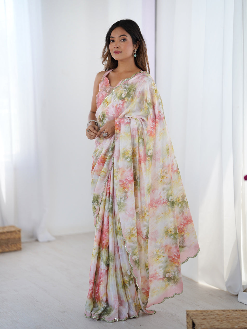 Jyoti Fashion Women's Multicolor Chinon Digital Printed Designer Saree with Blouse