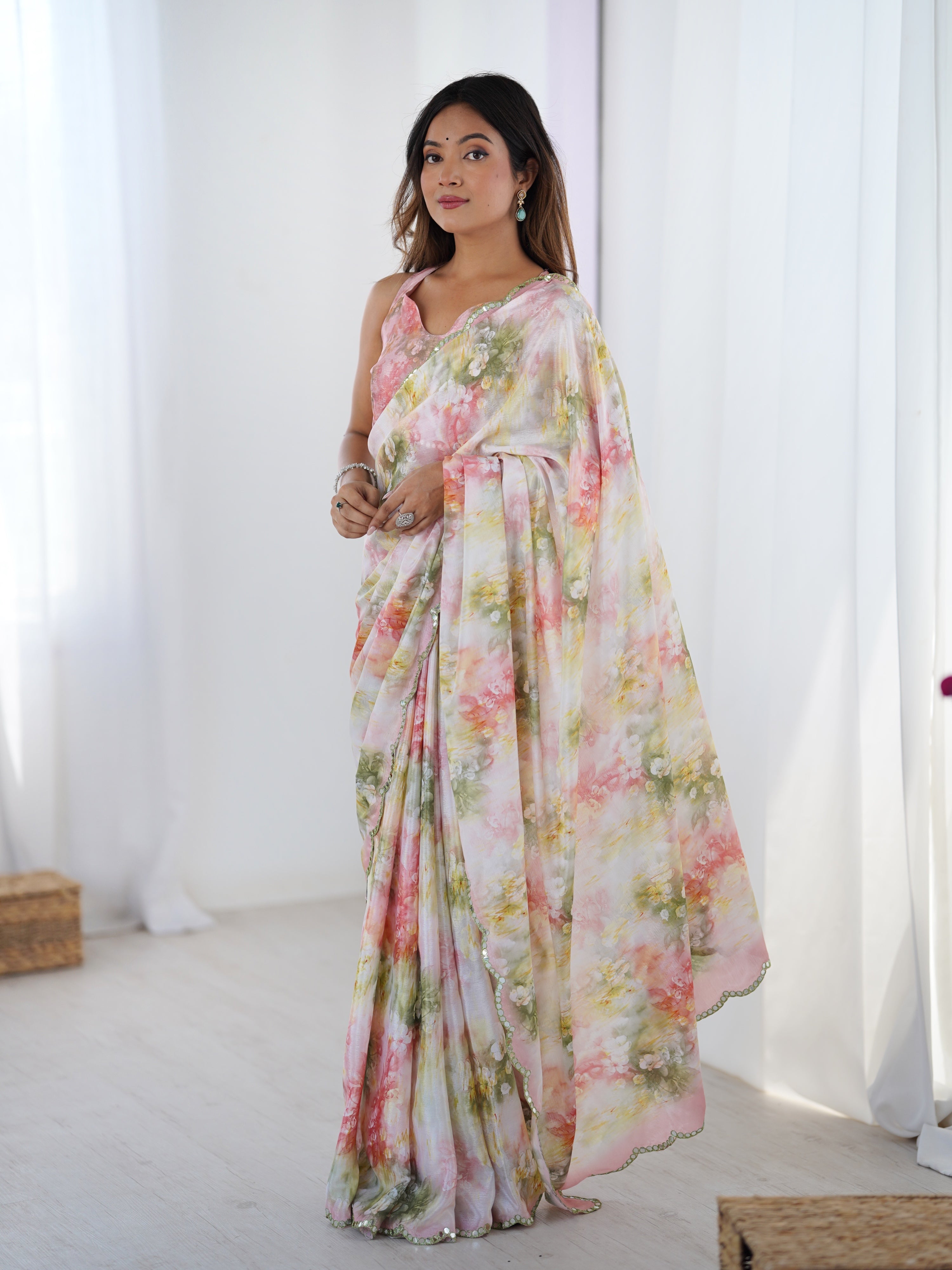 Jyoti Fashion Women's Multicolor Chinon Digital Printed Designer Saree with Blouse