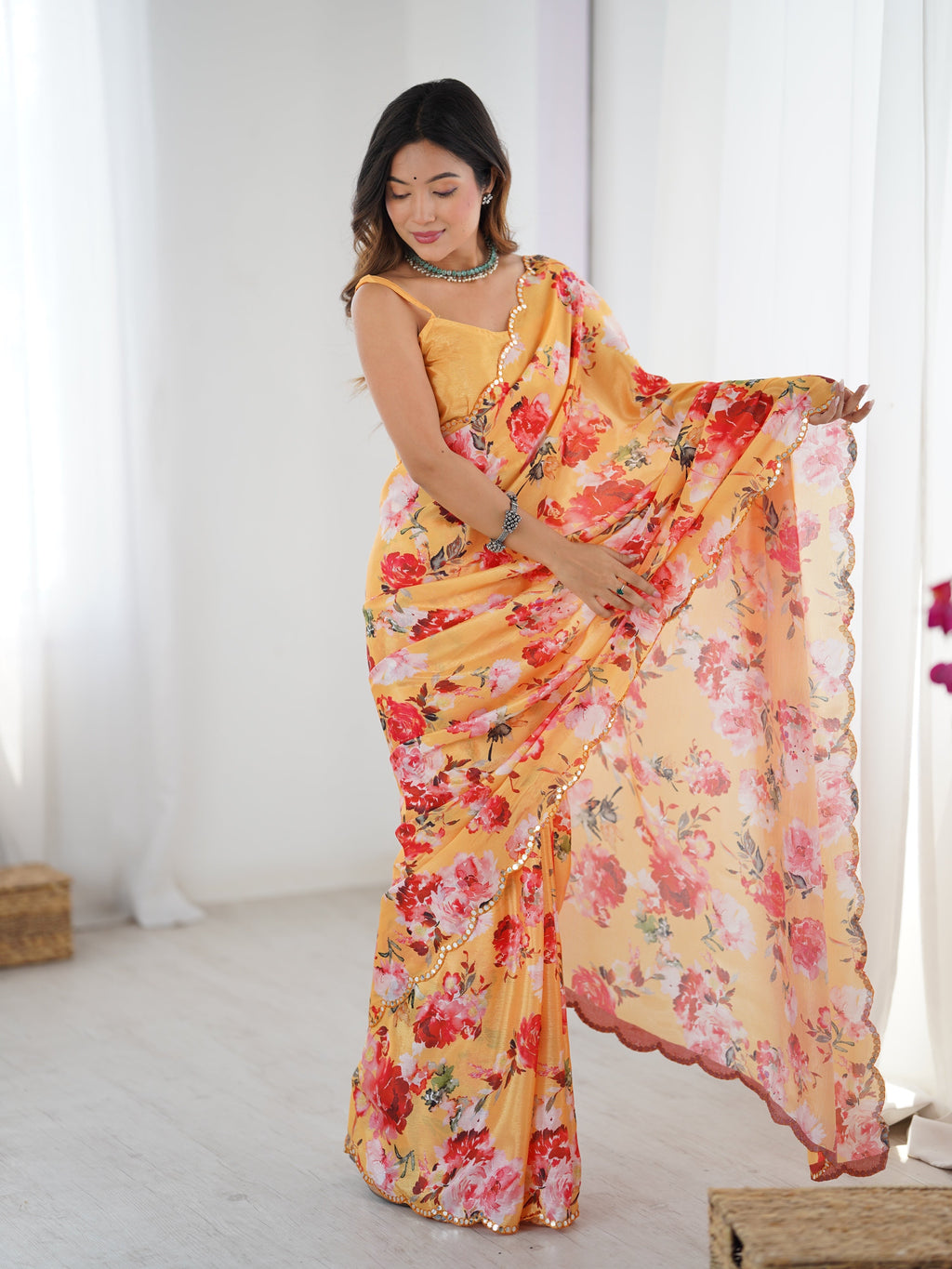 Jyoti Fashion Women's Yellow Chinon Digital Printed Designer Saree with Blouse