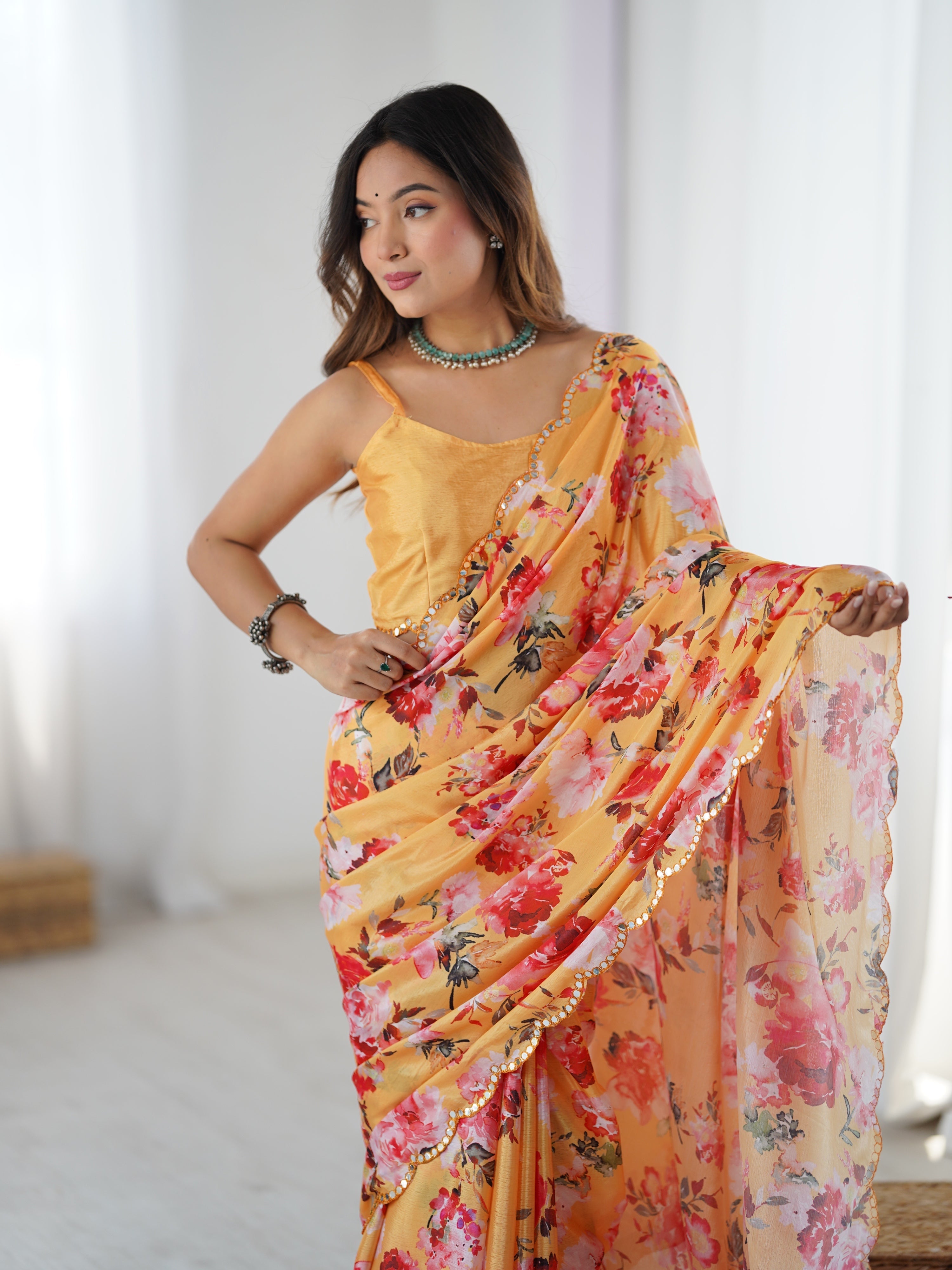 Jyoti Fashion Women's Yellow Chinon Digital Printed Designer Saree with Blouse