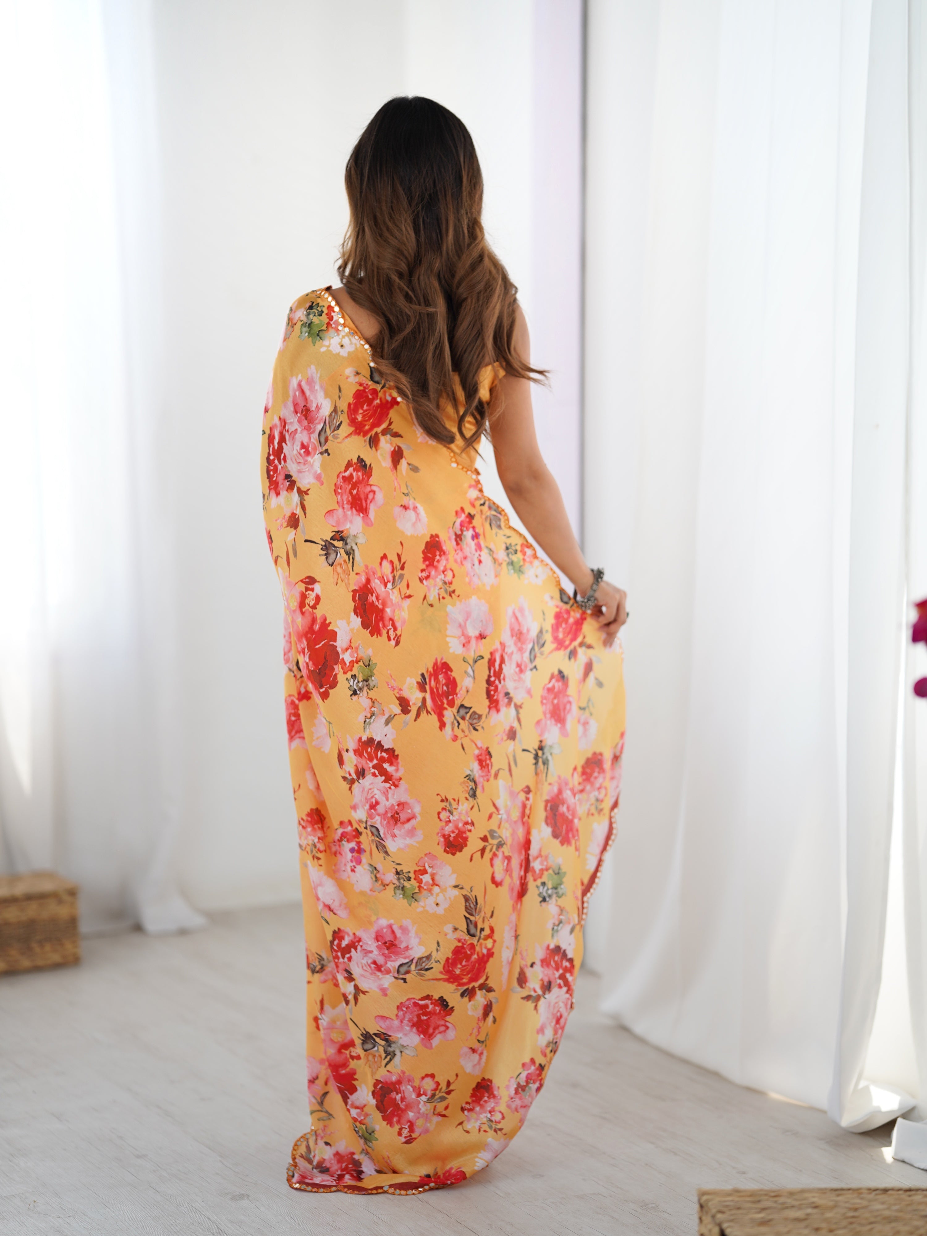 Jyoti Fashion Women's Yellow Chinon Digital Printed Designer Saree with Blouse