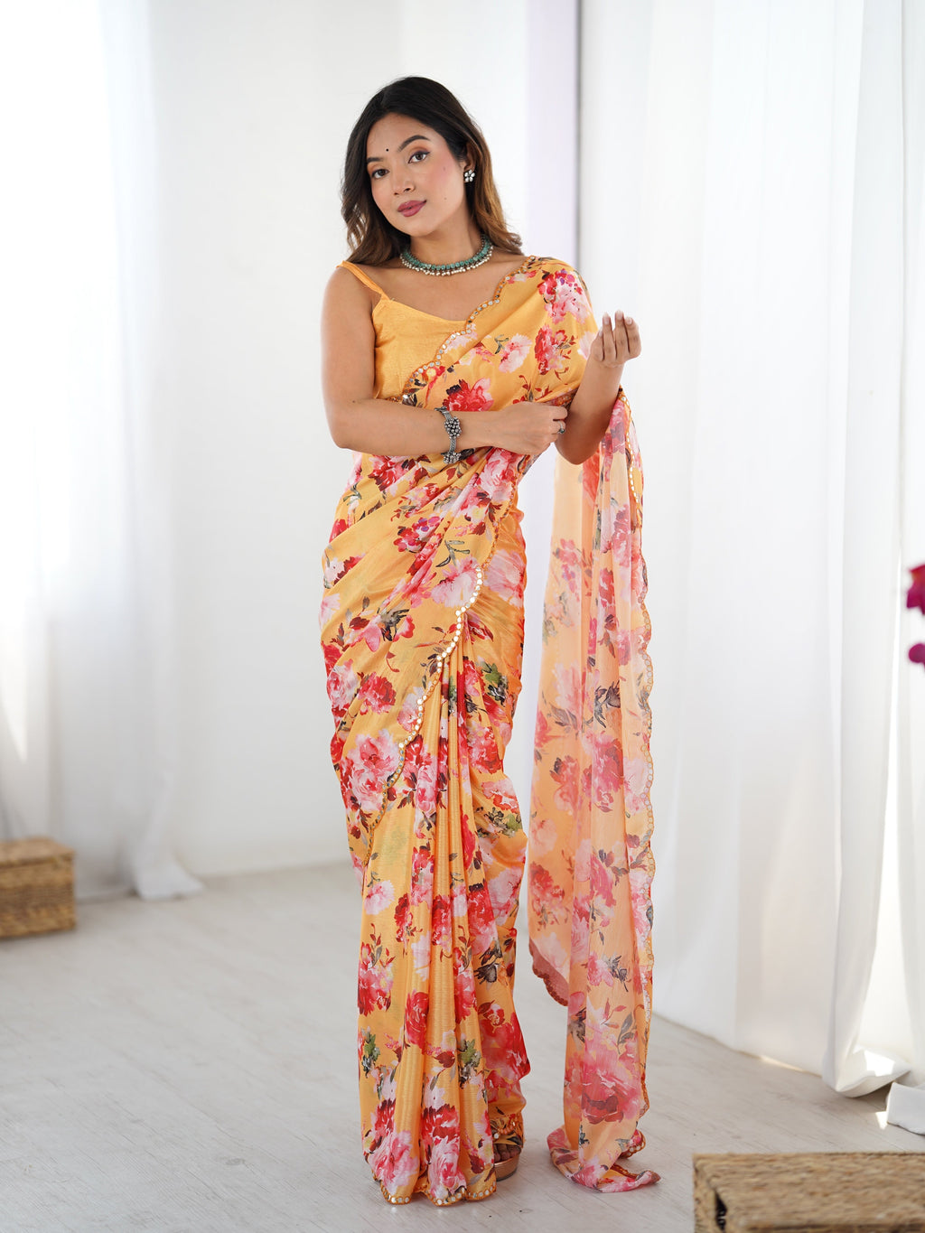 Jyoti Fashion Women's Yellow Chinon Digital Printed Designer Saree with Blouse