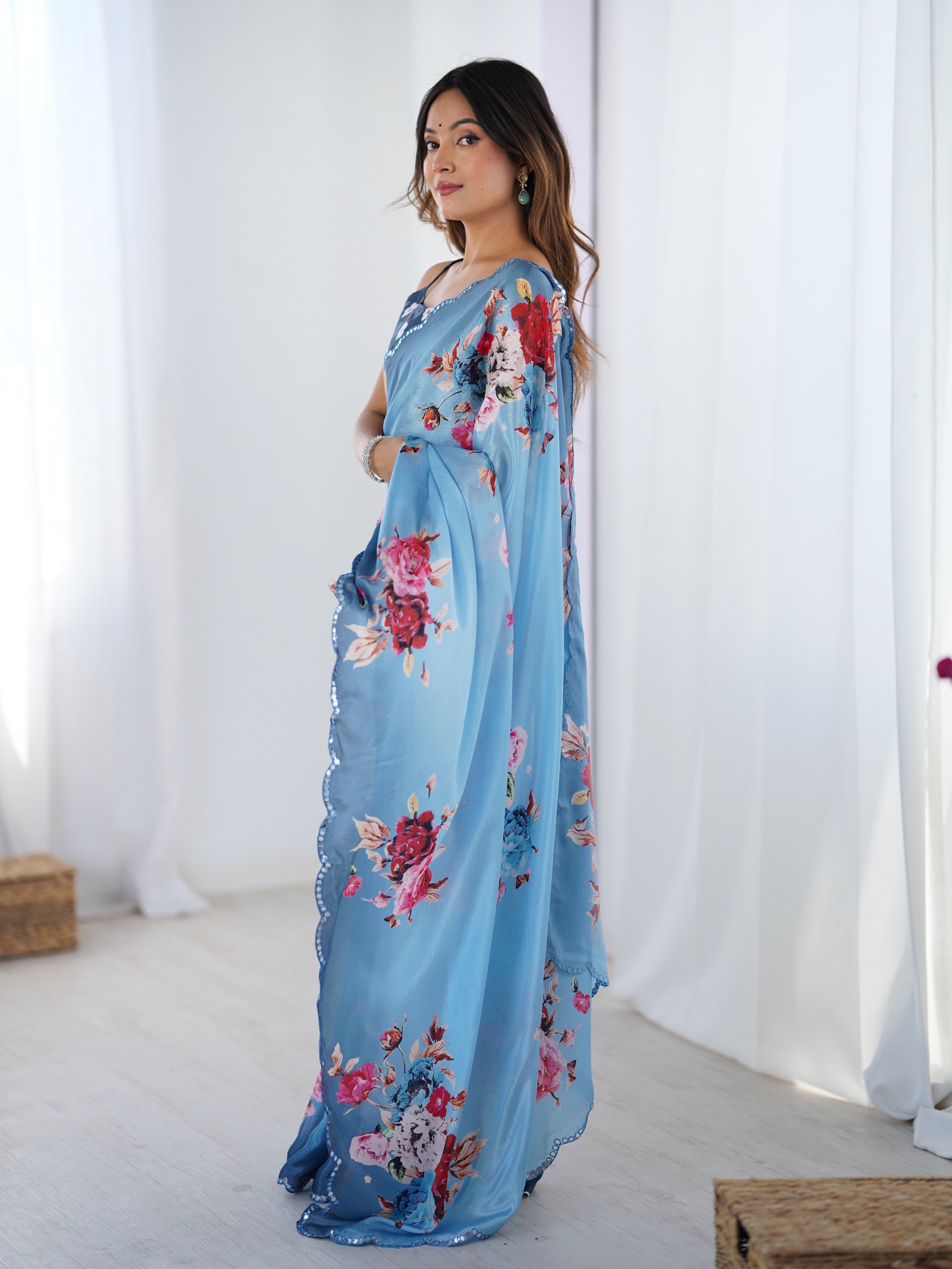Jyoti Fashion Women's Sky Blue Chinon Digital Printed Designer Saree with Blouse