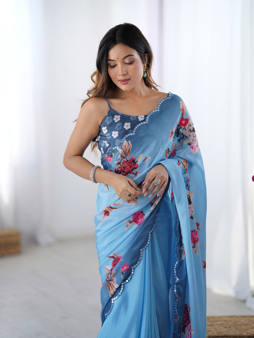 Jyoti Fashion Women's Sky Blue Chinon Digital Printed Designer Saree with Blouse