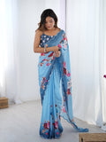 Jyoti Fashion Women's Sky Blue Chinon Digital Printed Designer Saree with Blouse