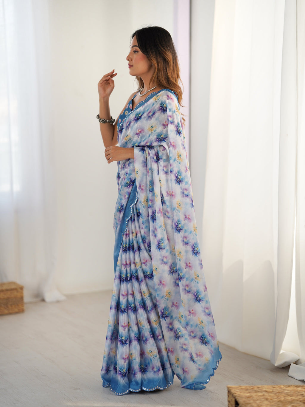 Jyoti Fashion Women's Blue Chinon Digital Printed Designer Saree with Blouse