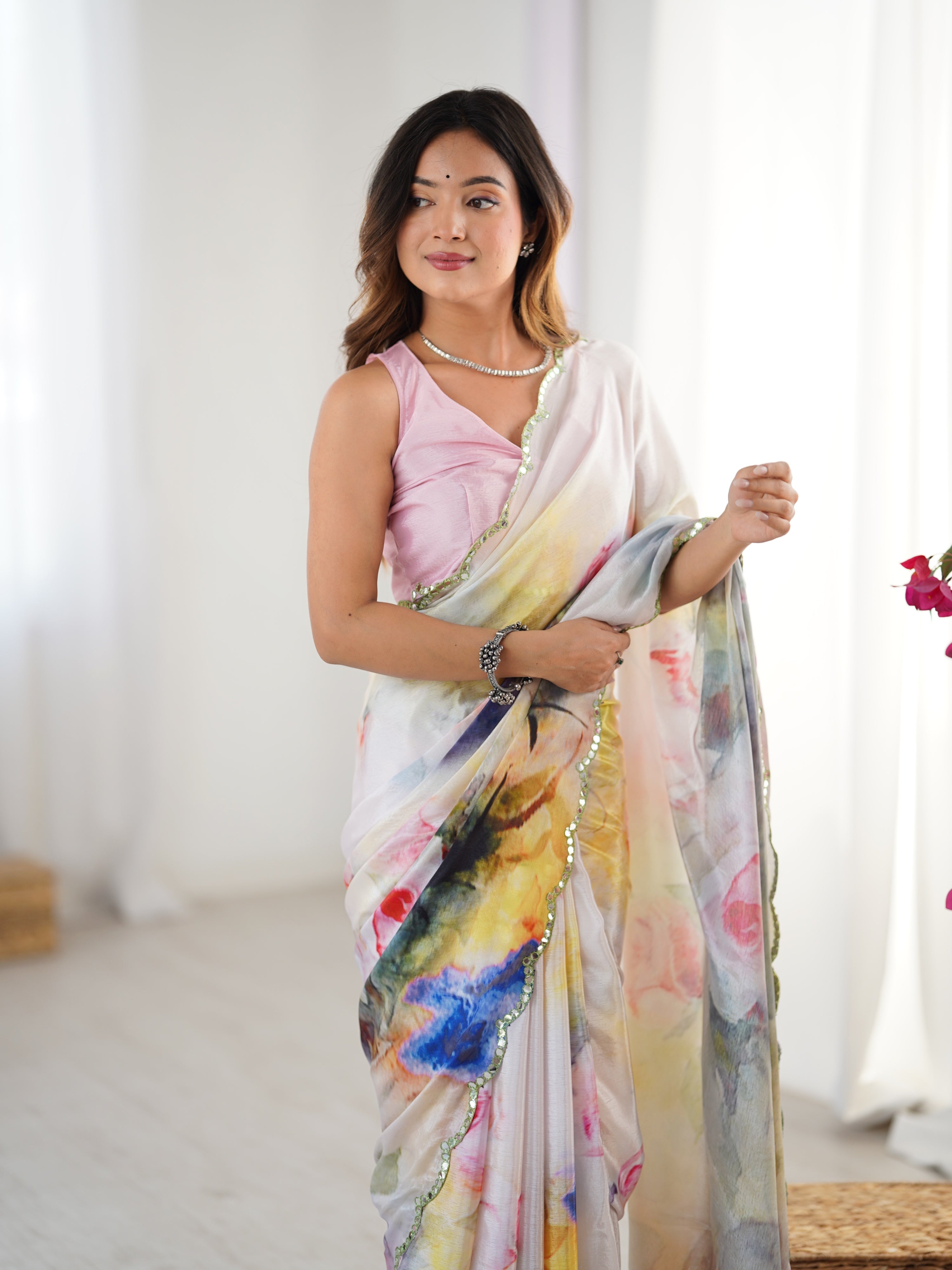 Jyoti Fashion Women's Multicolor Chinon Digital Printed Designer Saree with Blouse