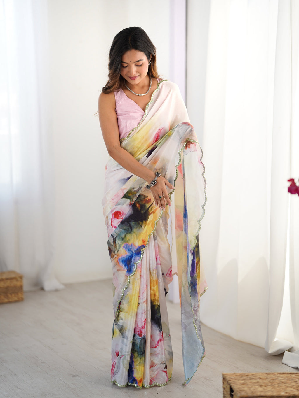 Jyoti Fashion Women's Multicolor Chinon Digital Printed Designer Saree with Blouse