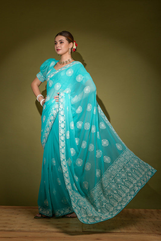 Jyoti Fashion Women's Turquoise Lakhnavi Thread work Georgette Saree with Blouse