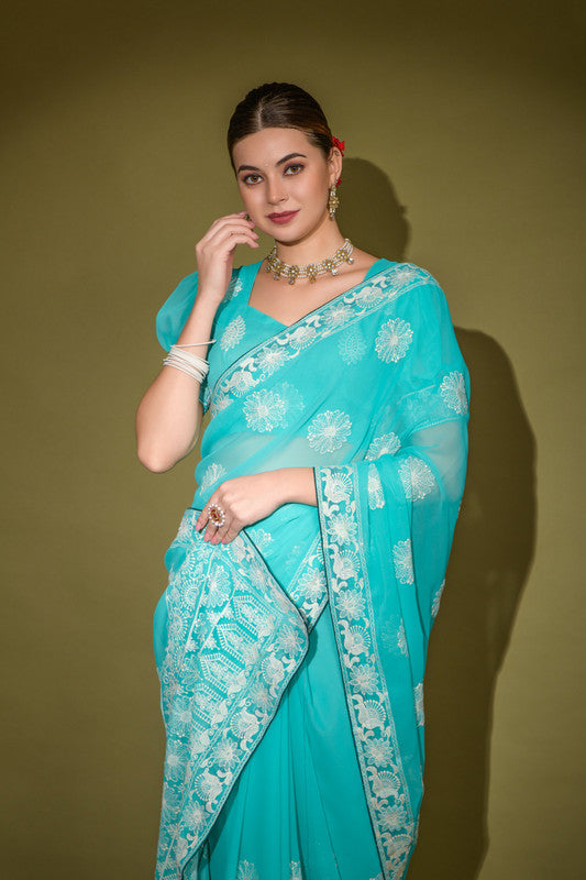 Jyoti Fashion Women's Turquoise Lakhnavi Thread work Georgette Saree with Blouse