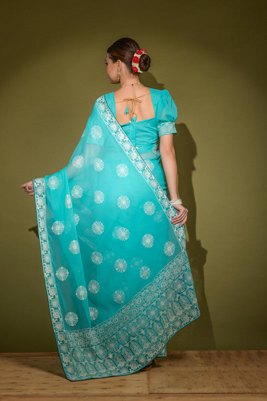 Jyoti Fashion Women's Turquoise Lakhnavi Thread work Georgette Saree with Blouse