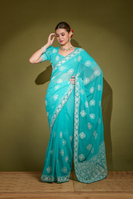 Jyoti Fashion Women's Turquoise Lakhnavi Thread work Georgette Saree with Blouse
