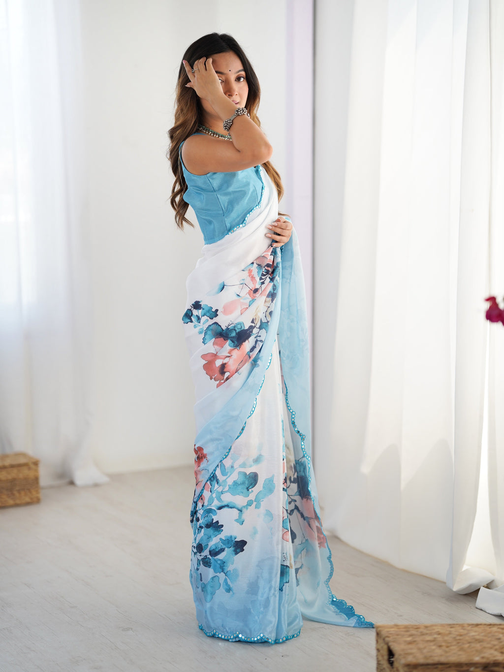 Jyoti Fashion Women's Sky Blue Chinon Digital Printed Designer Saree with Blouse