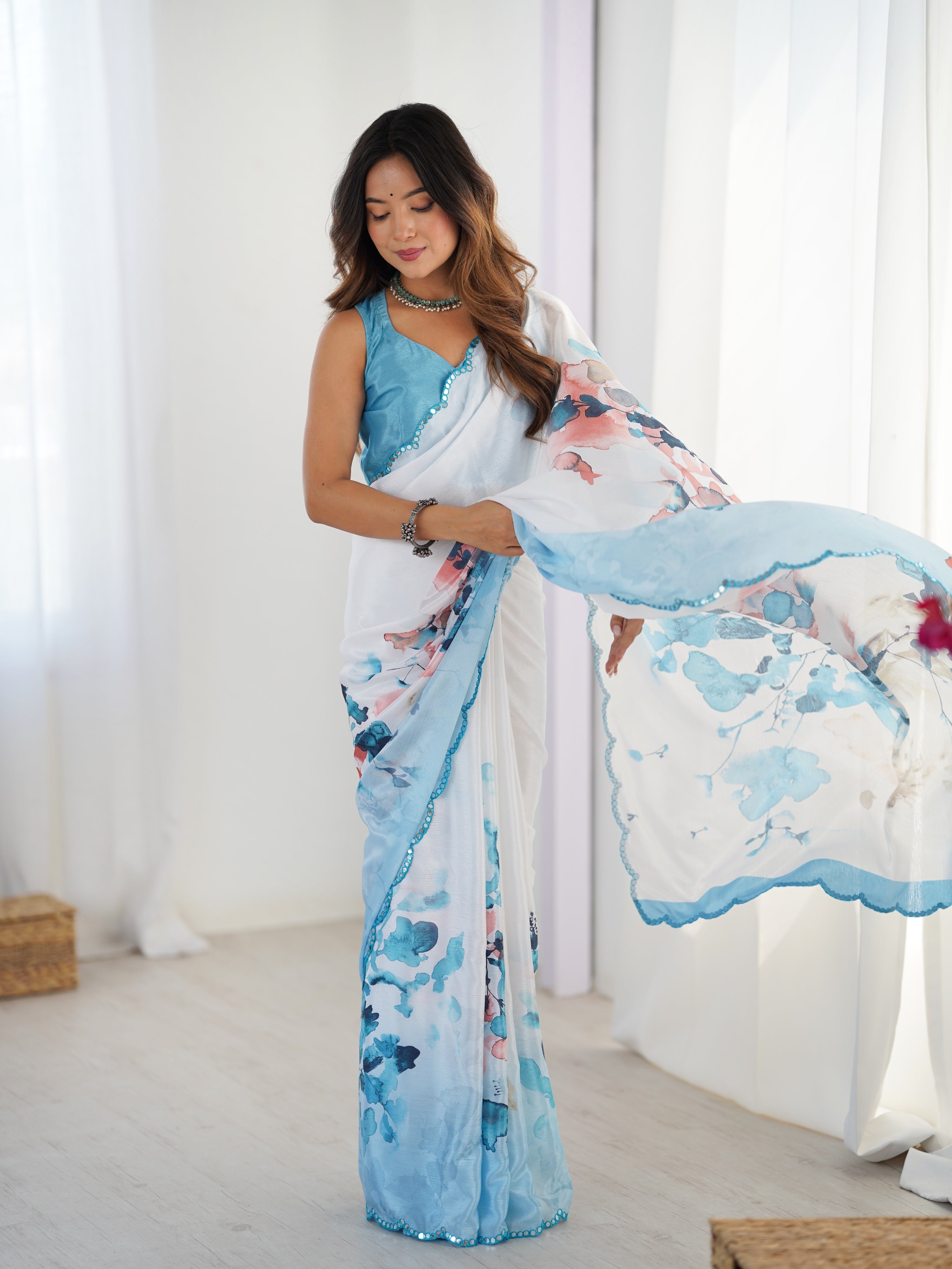 Jyoti Fashion Women's Sky Blue Chinon Digital Printed Designer Saree with Blouse