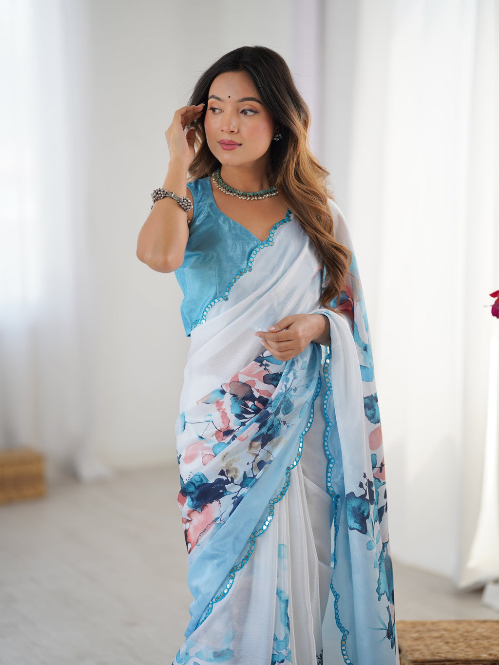 Jyoti Fashion Women's Sky Blue Chinon Digital Printed Designer Saree with Blouse