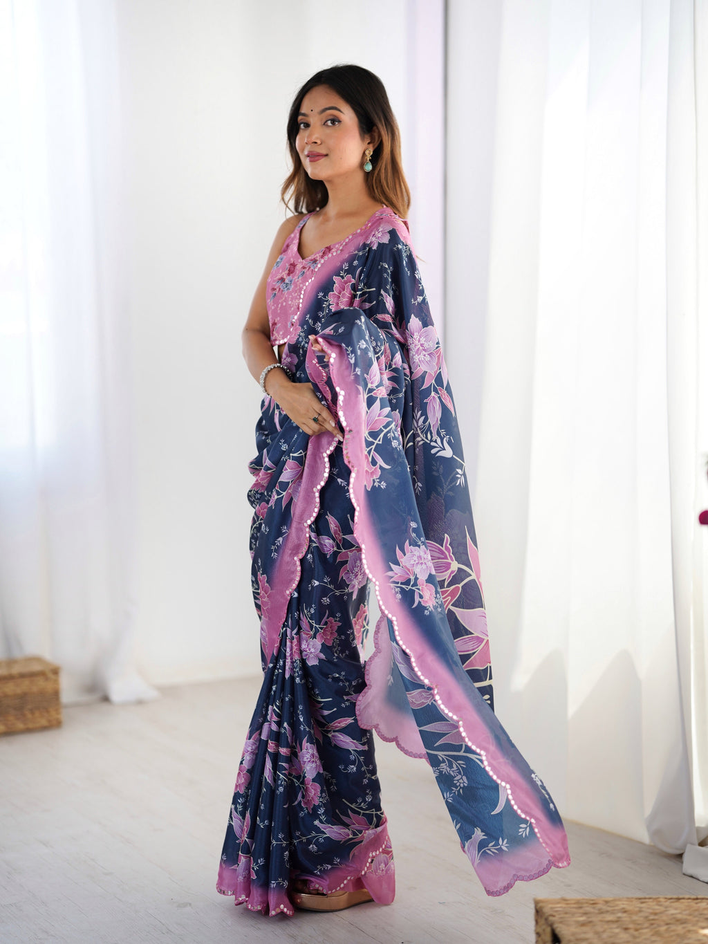 Jyoti Fashion Women's Navy Blue Chinon Digital Printed Designer Saree with Blouse