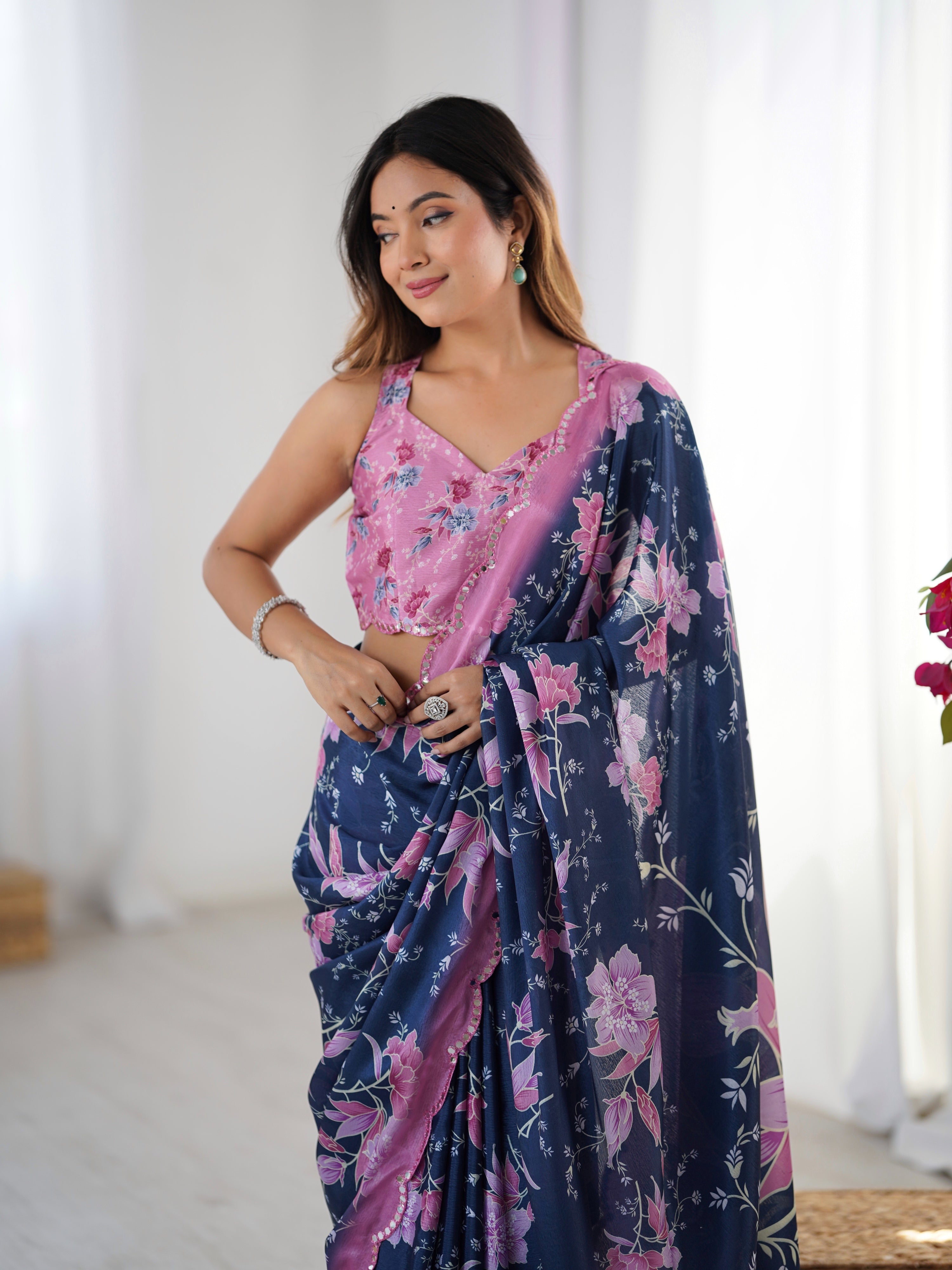 Jyoti Fashion Women's Navy Blue Chinon Digital Printed Designer Saree with Blouse