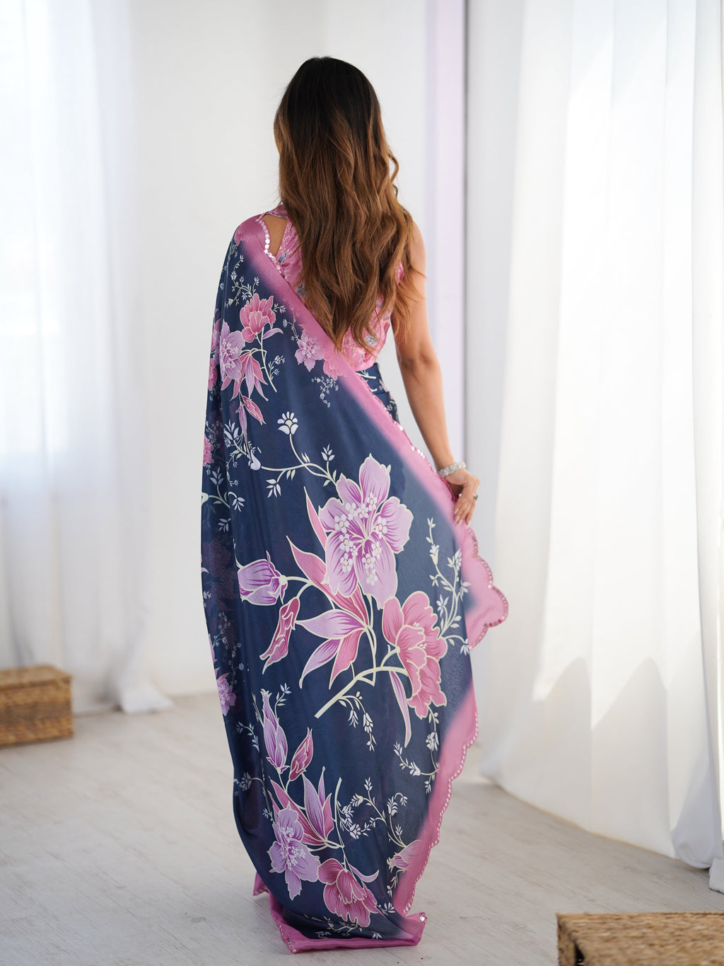 Jyoti Fashion Women's Navy Blue Chinon Digital Printed Designer Saree with Blouse