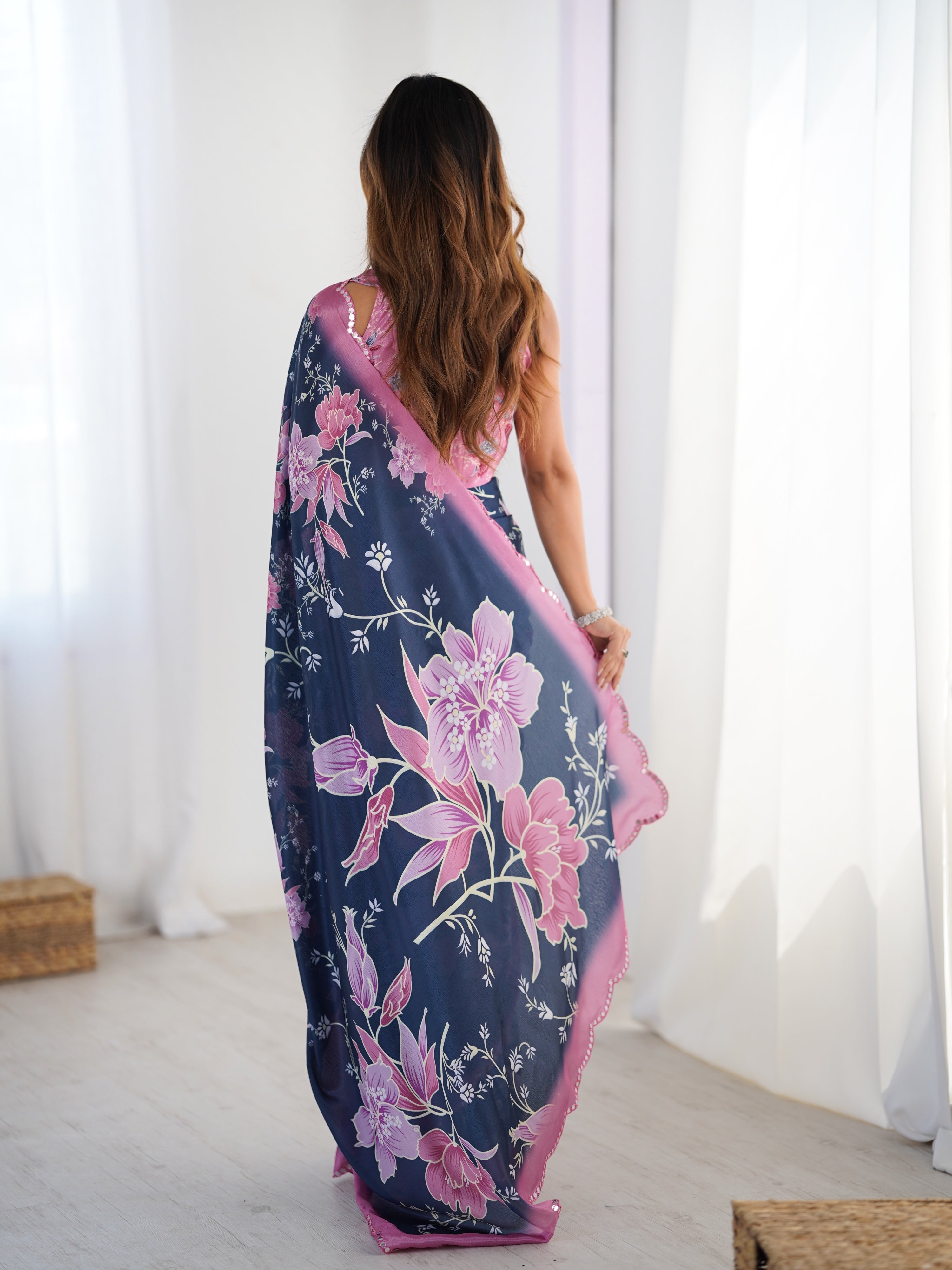 Jyoti Fashion Women's Navy Blue Chinon Digital Printed Designer Saree with Blouse