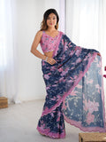 Jyoti Fashion Women's Navy Blue Chinon Digital Printed Designer Saree with Blouse