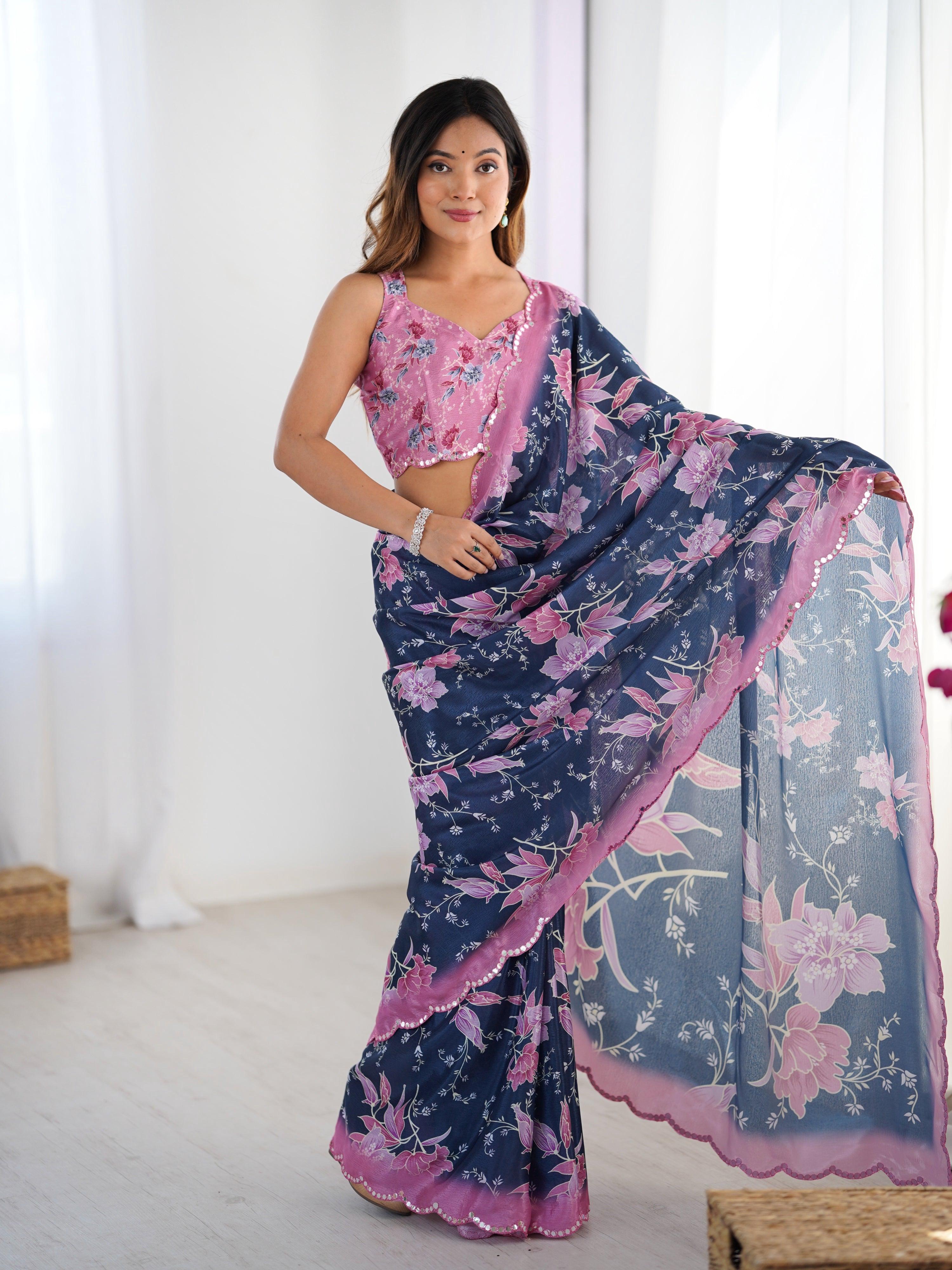 Jyoti Fashion Women's Navy Blue Chinon Digital Printed Designer Saree with Blouse