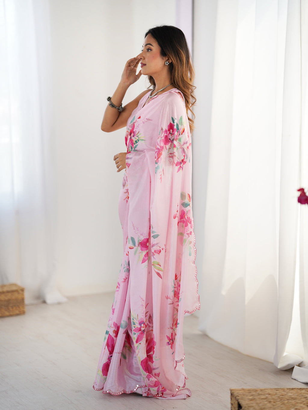 Jyoti Fashion Women's Baby Pink Chinon Digital Printed Designer Saree with Blouse
