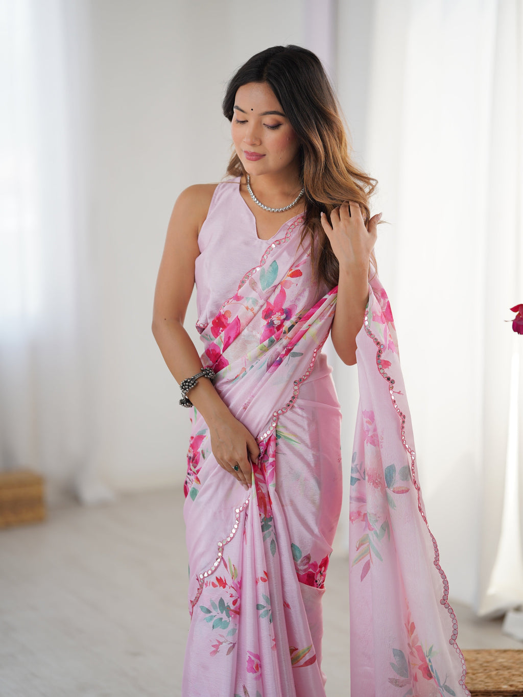 Jyoti Fashion Women's Baby Pink Chinon Digital Printed Designer Saree with Blouse
