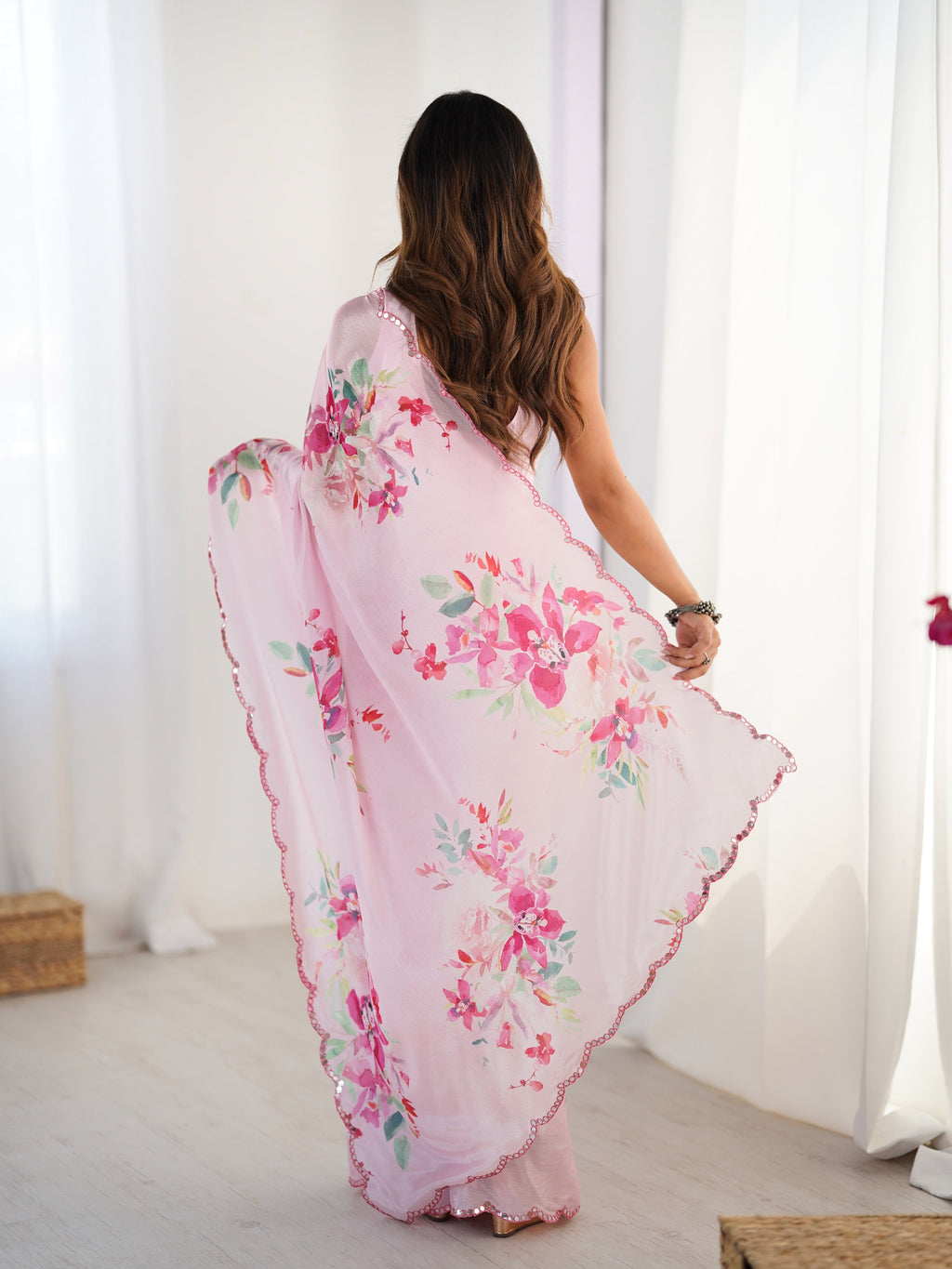 Jyoti Fashion Women's Baby Pink Chinon Digital Printed Designer Saree with Blouse