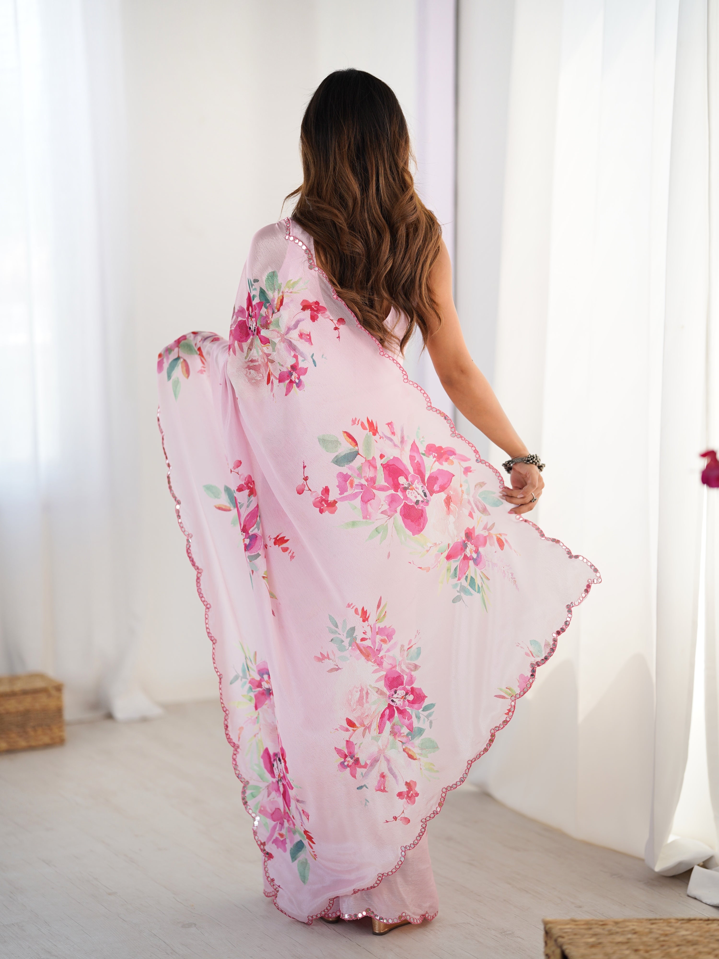 Jyoti Fashion Women's Baby Pink Chinon Digital Printed Designer Saree with Blouse