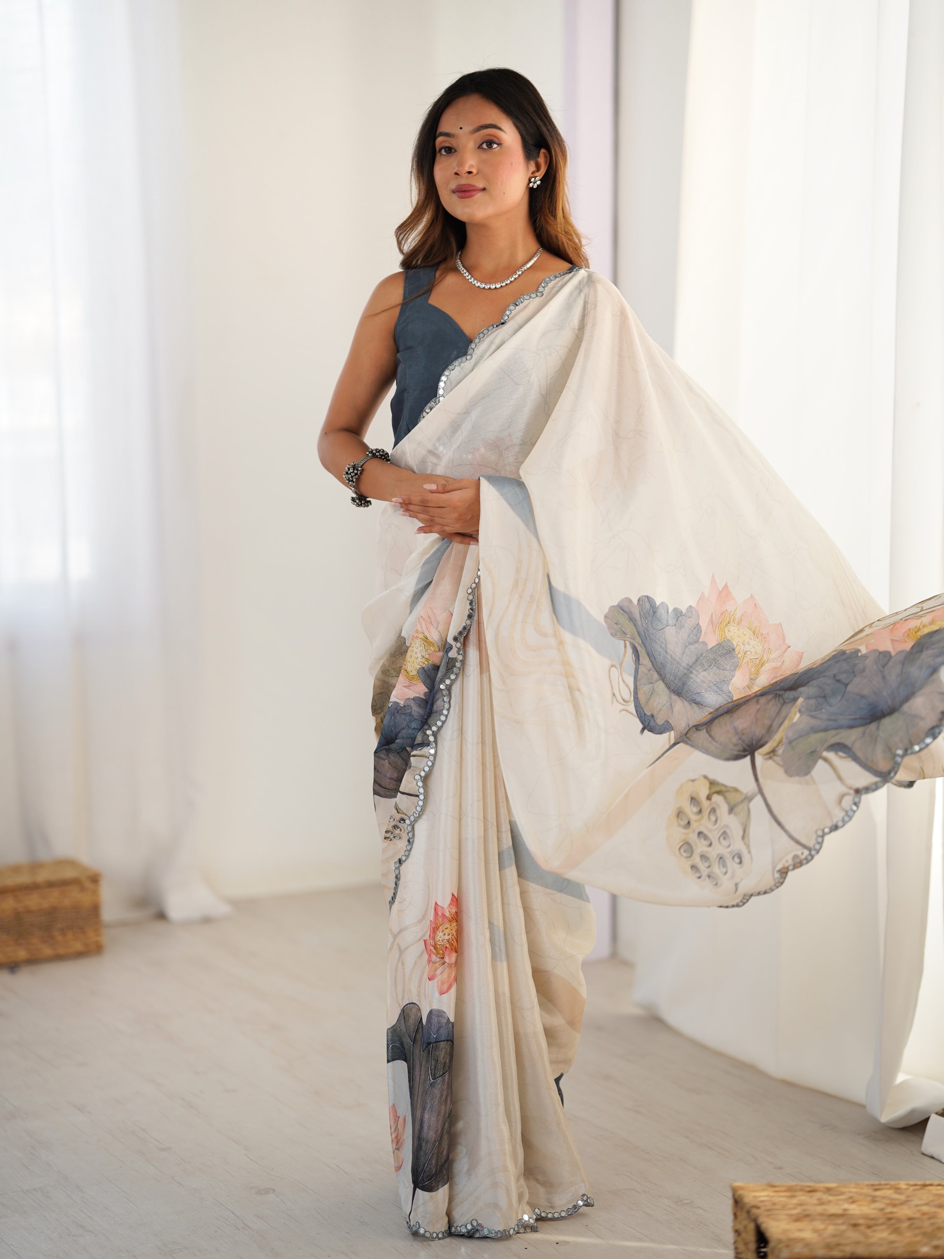 Jyoti Fashion Women's Off White Chinon Digital Printed Designer Saree with Blouse