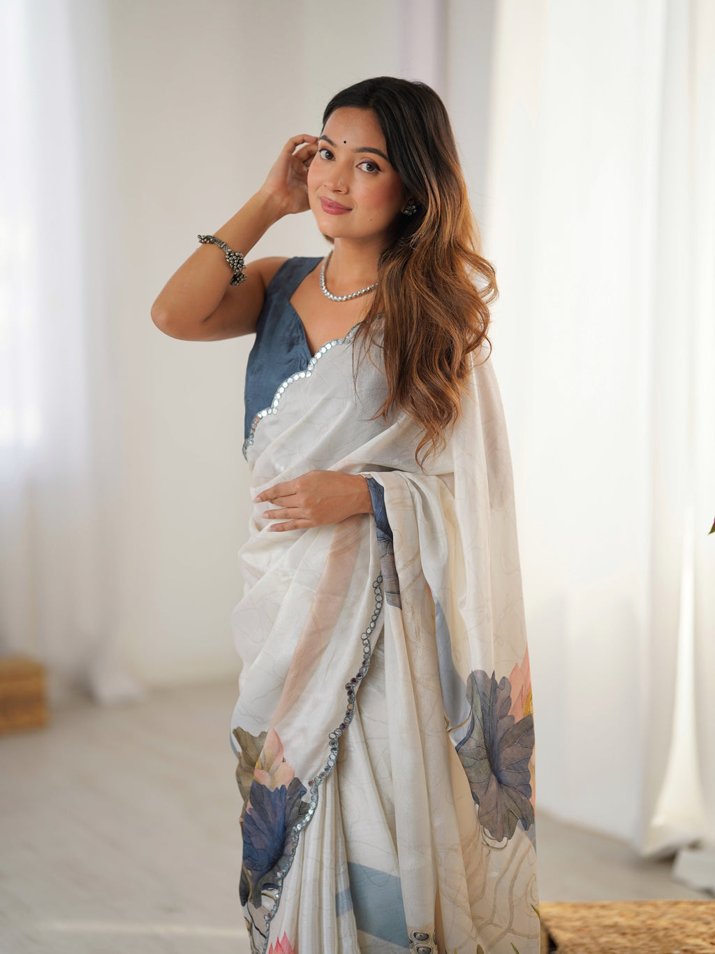 Jyoti Fashion Women's Off White Chinon Digital Printed Designer Saree with Blouse