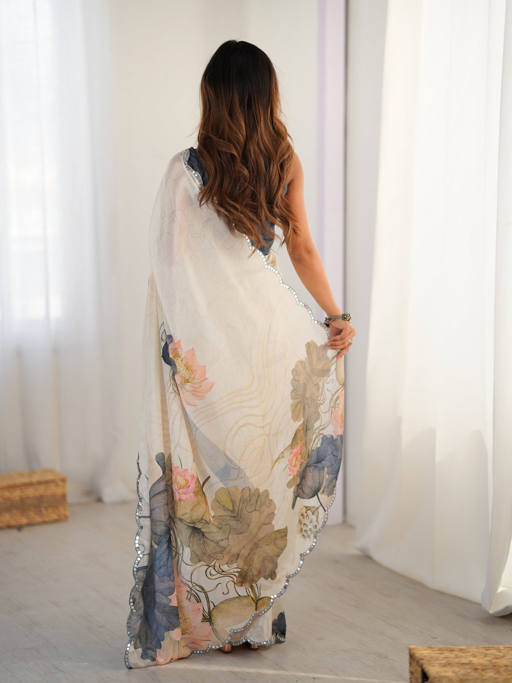 Jyoti Fashion Women's Off White Chinon Digital Printed Designer Saree with Blouse