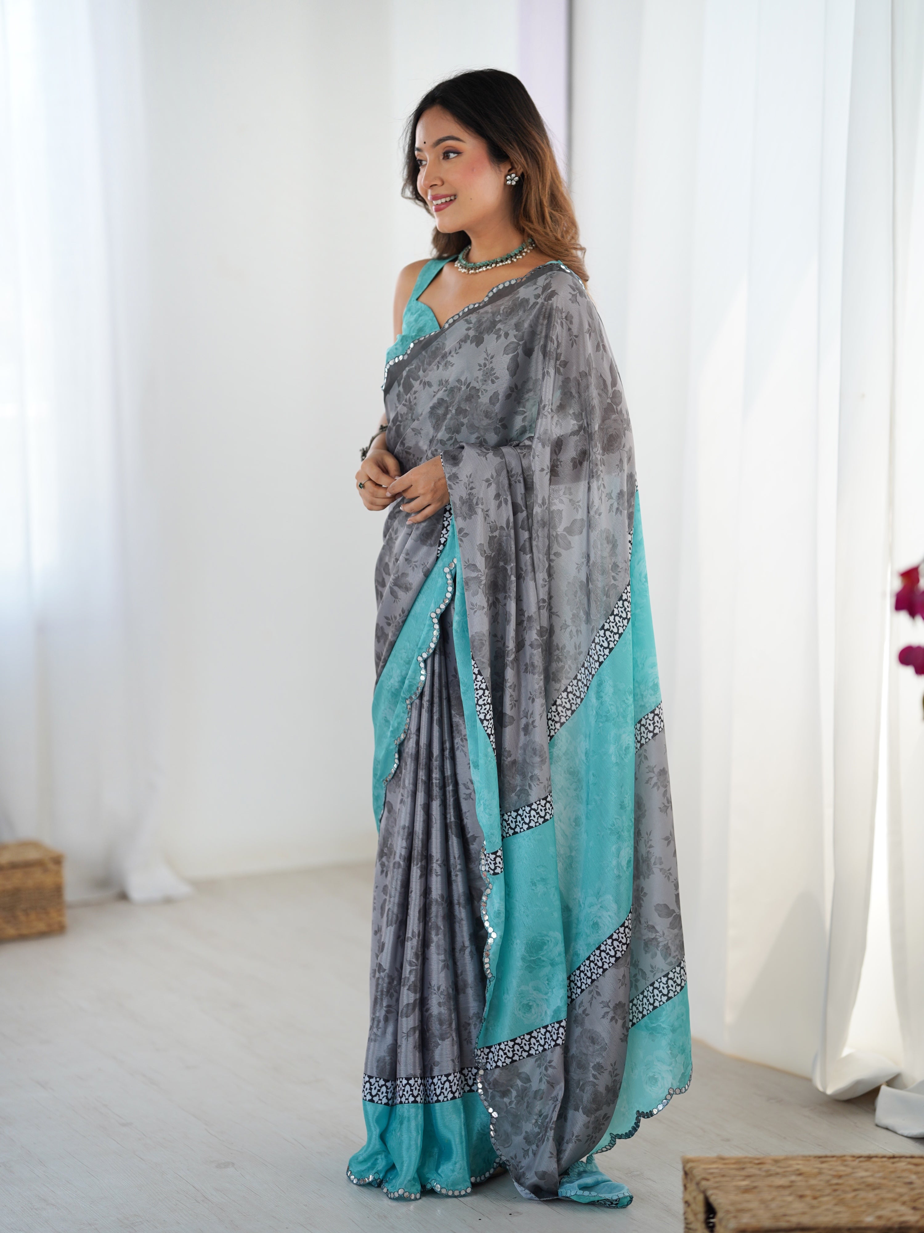 Jyoti Fashion Women's Grey Chinon Digital Printed Designer Saree with Blouse