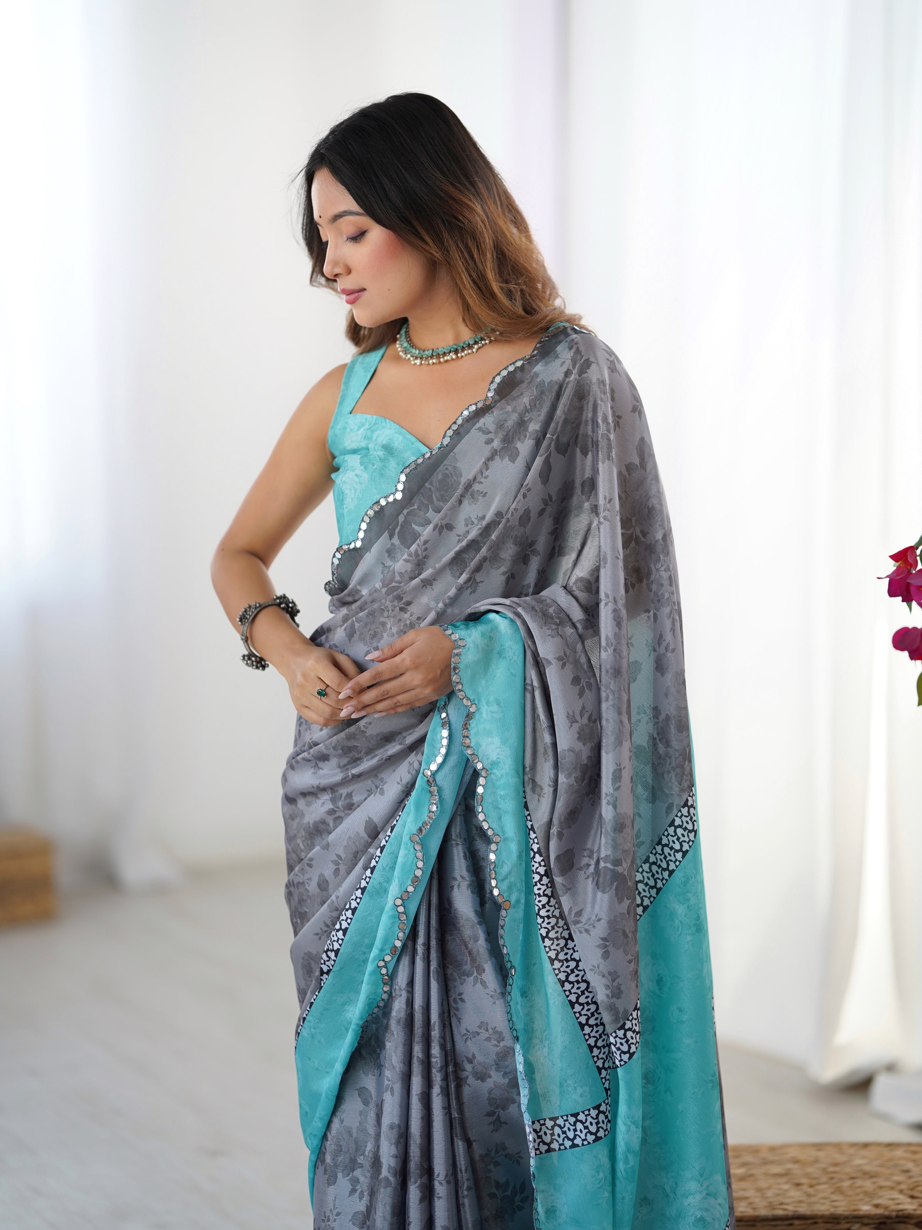 Jyoti Fashion Women's Grey Chinon Digital Printed Designer Saree with Blouse